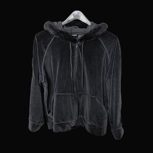 Y2K‎ St Johns Bay Whimsigoth Black Velour Faux Fur Trim Zip Hoodie Sweatshirt 2X